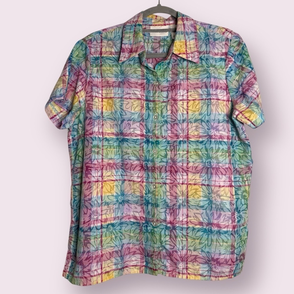 Vintage Alfred Dunner Colorful Plaid Floral Semi Sheer Button Up Oversize Small - Picture 1 of 9